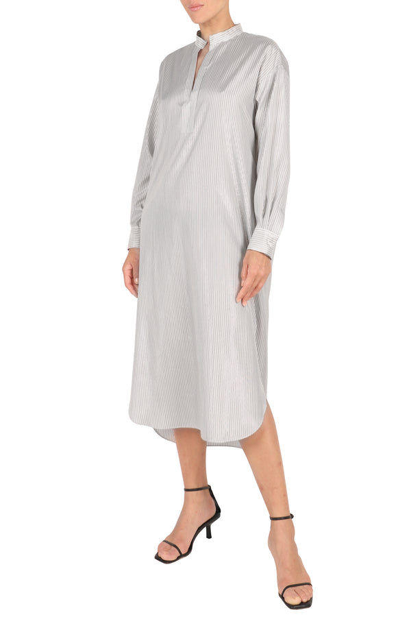 Marie France Van Damme Mao Collar Silk Metallic Stripe Dress White Black Silver Stripe