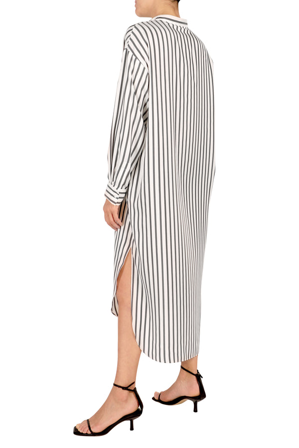 Marie France Van Damme Mao Collar Silk Stripe Dress White Black Stripe