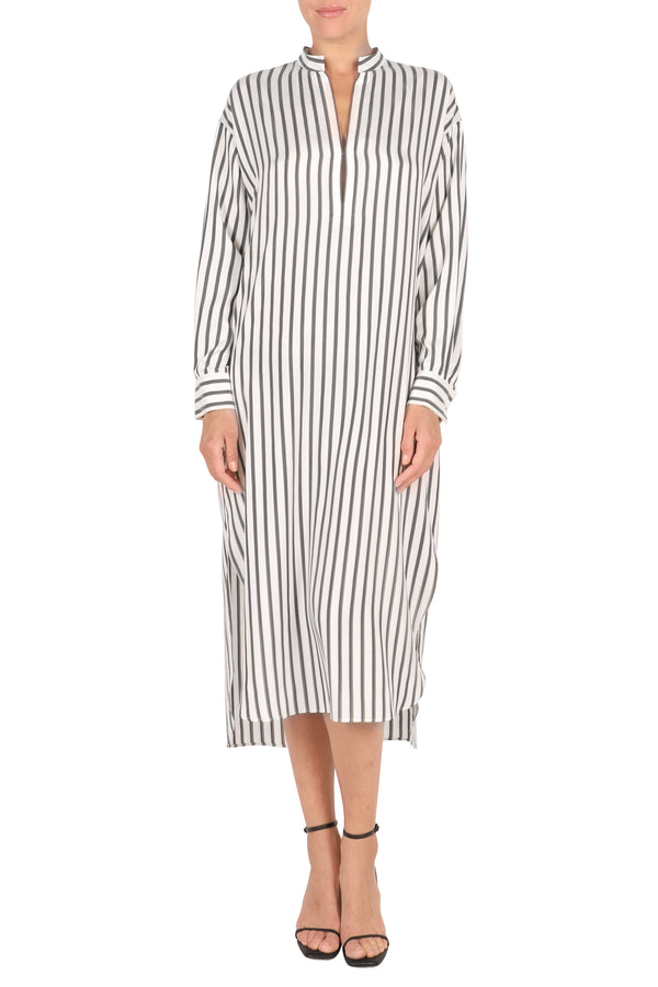 Marie France Van Damme Mao Collar Silk Stripe Dress White Black Stripe