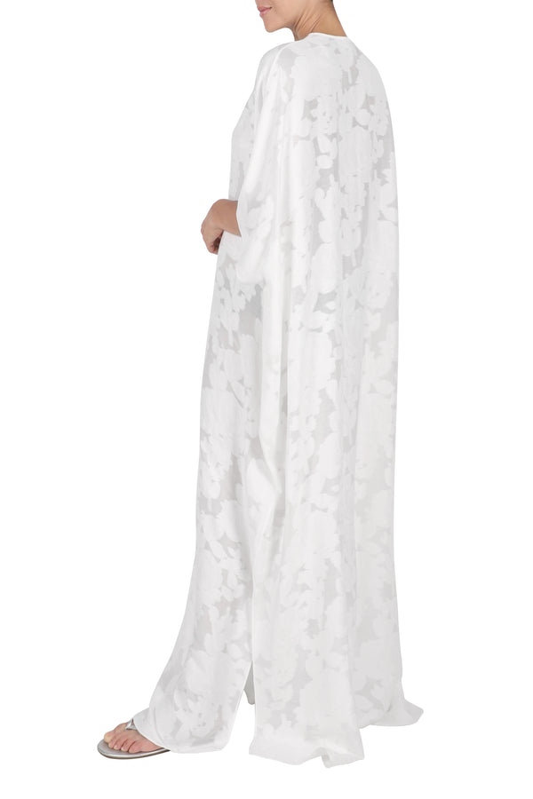 Marie France Van Damme Metallic Bamboo Floral Silk Oversized Boubou Caftan White