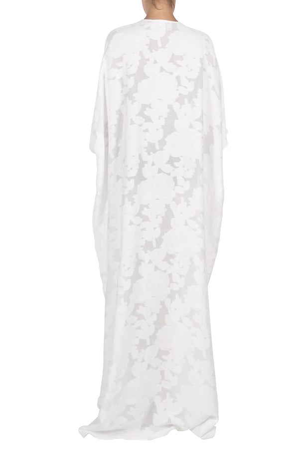 Marie France Van Damme Metallic Bamboo Floral Silk Oversized Boubou Caftan White