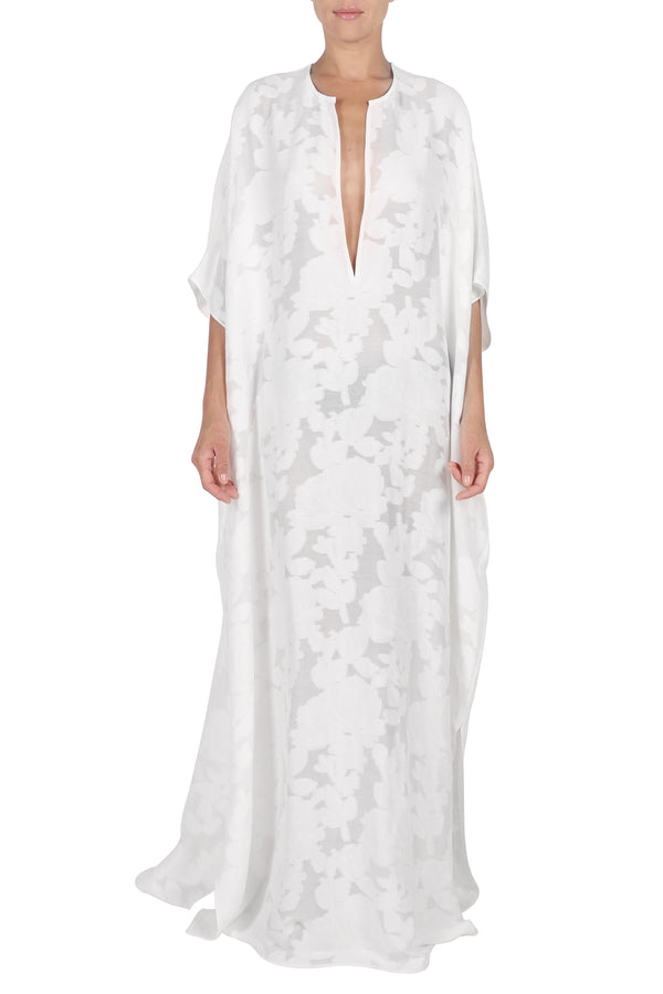 Marie France Van Damme Metallic Bamboo Floral Silk Oversized Boubou Caftan White