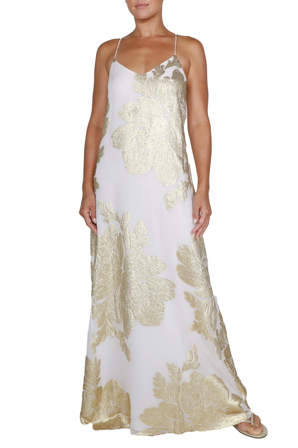 Marie France Van Damme Metallic Big Flower Racer Back Dress White Gold Marie France Van Damme Metallic Big Flower Racer Back Dress White Gold