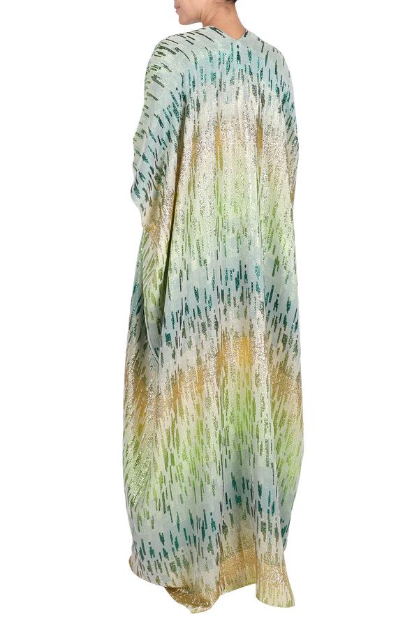 Marie France Van Damme Metallic Broken Lines Boubou Caftan Gold Green