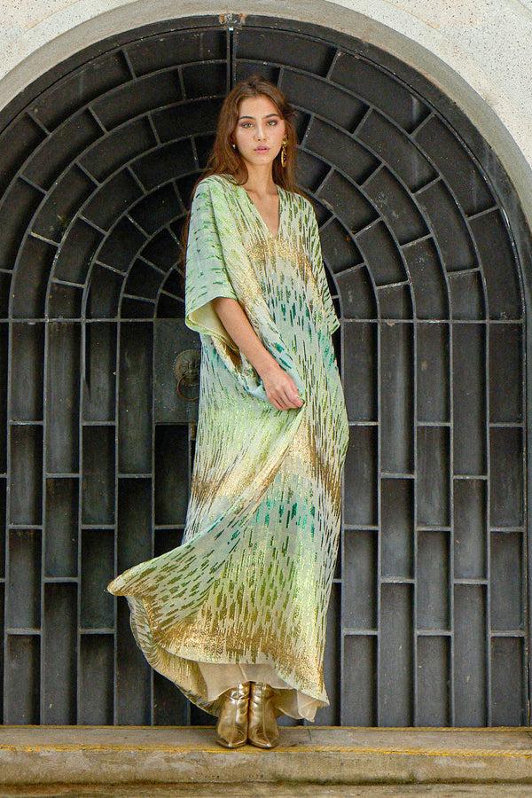 Marie France Van Damme Metallic Broken Lines Boubou Caftan Gold Green