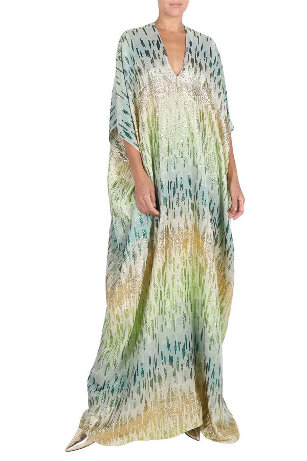 Marie France Van Damme Metallic Broken Lines Boubou Caftan Gold Green