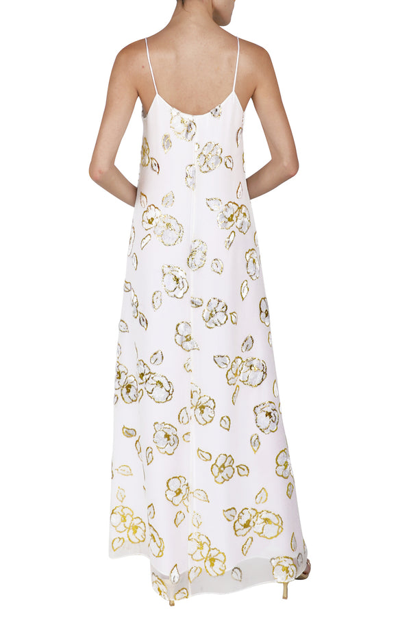 Marie France Van Damme Metallic Camellia Devore Cami Dress White Gold