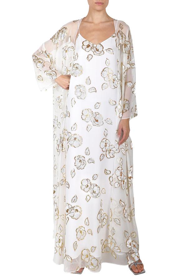 Marie France Van Damme Metallic Camellia Devore Cami Dress White Gold