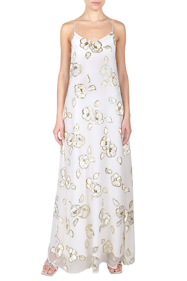 Marie France Van Damme Metallic Camellia Devore Cami Dress White Gold