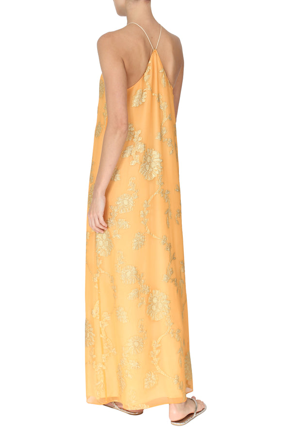 Marie France Van Damme Metallic Dahlia Racer Back Dress Saffron Gold