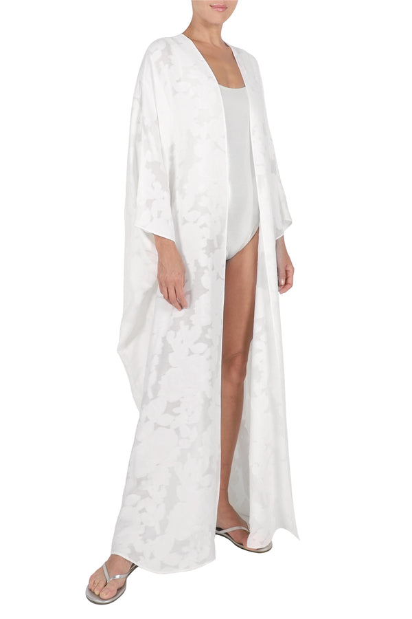 Marie France Van Damme Metallic Floral Bamboo Silk Cover up White
