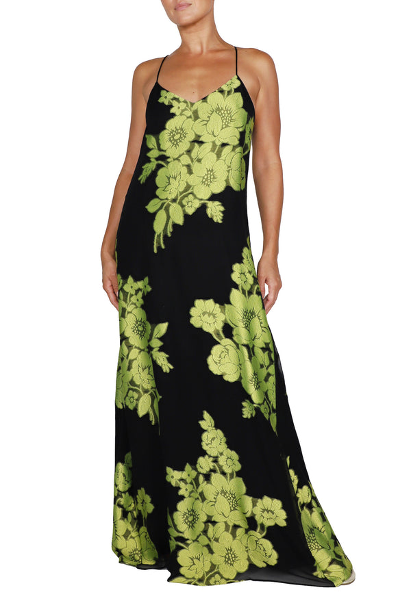 Marie France Van Damme Metallic Flower Racer Back Dress Black Green