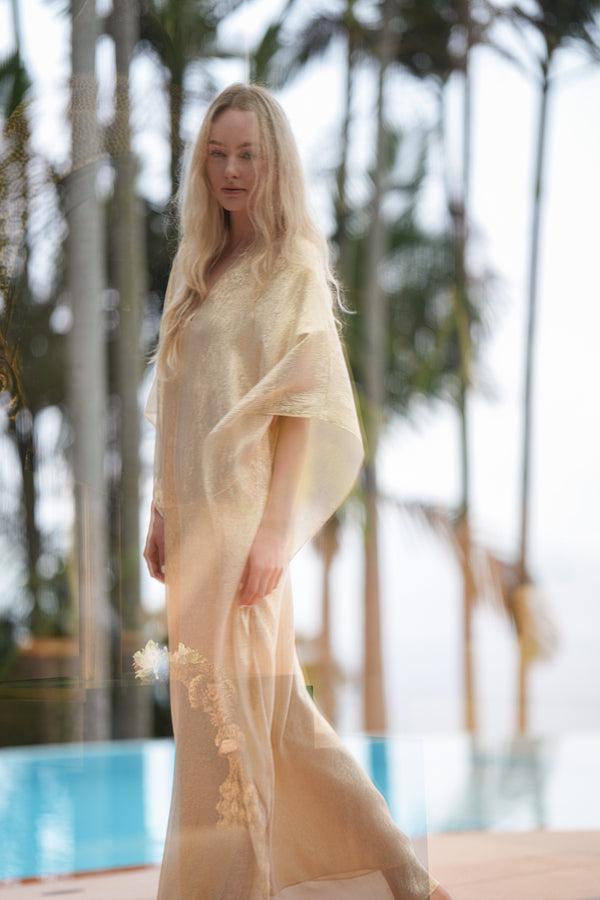 Marie France Van Damme Metallic Lamé Boubou Caftan Dark Gold