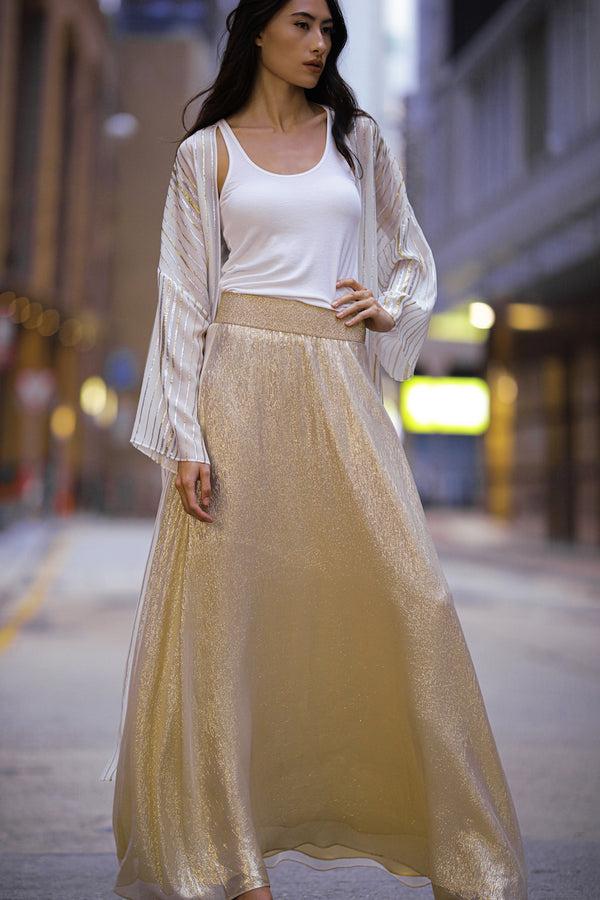 Marie France Van Damme Metallic Lamé Sweep Skirt Dark Gold