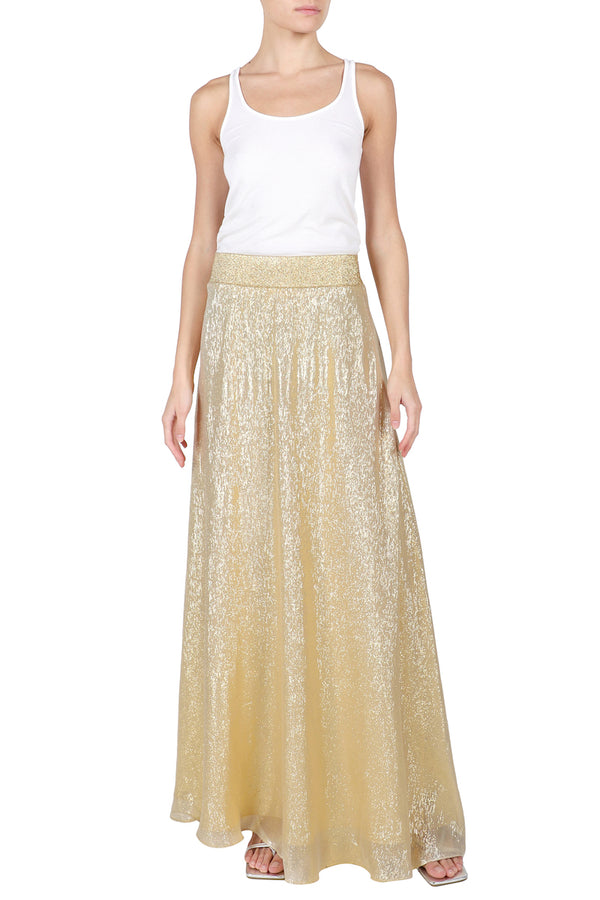Marie France Van Damme Metallic Lamé Sweep Skirt Dark Gold