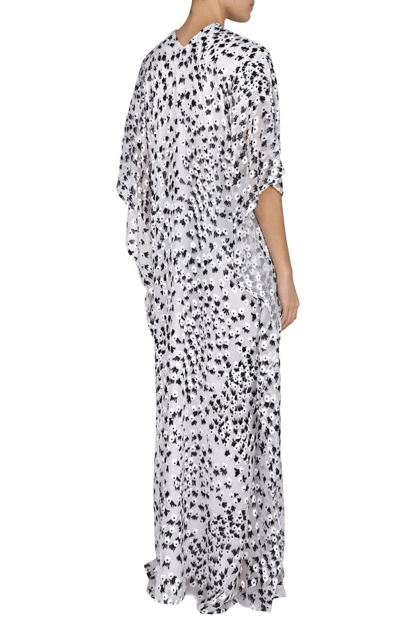 Marie France Van Damme Metallic Little Flower Velour Devore Boubou Caftan White Black