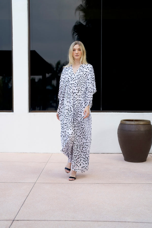 Marie France Van Damme Metallic Little Flower Velour Devore Boubou Caftan White Black