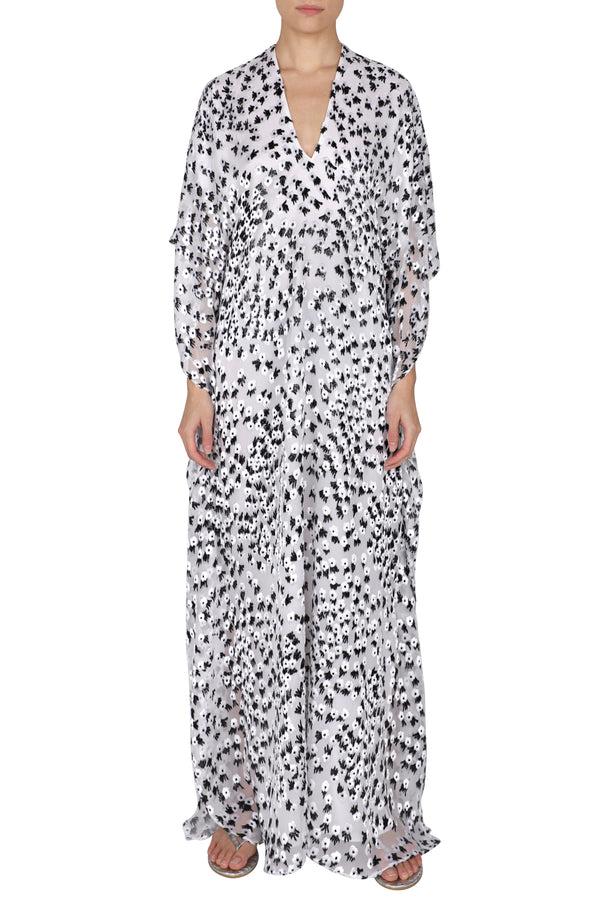 Marie France Van Damme Metallic Little Flower Velour Devore Boubou Caftan White Black