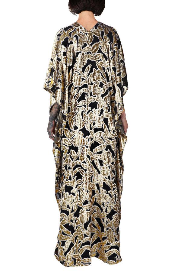Marie France Van Damme Metallic Long Flower Devore Boubou Caftan Black White Gold