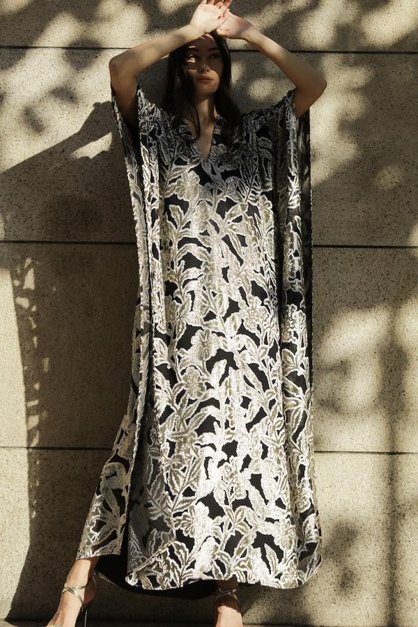 Marie France Van Damme Metallic Long Flower Devore Boubou Caftan Black White Gold
