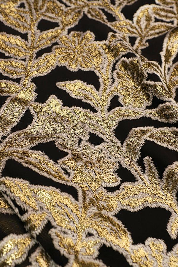 Marie France Van Damme Metallic Long Flower Devore Boubou Caftan Black White Gold