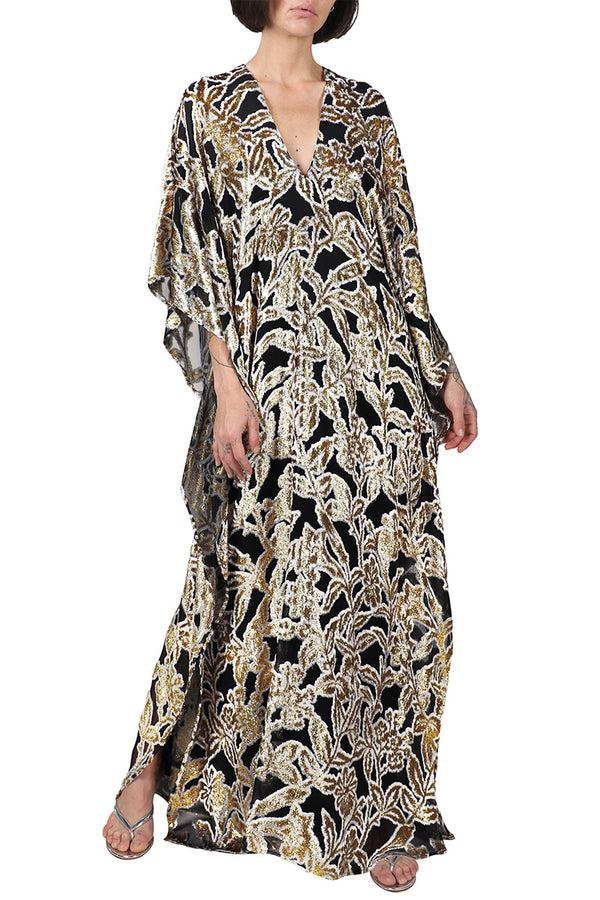Marie France Van Damme Metallic Long Flower Devore Boubou Caftan Black White Gold