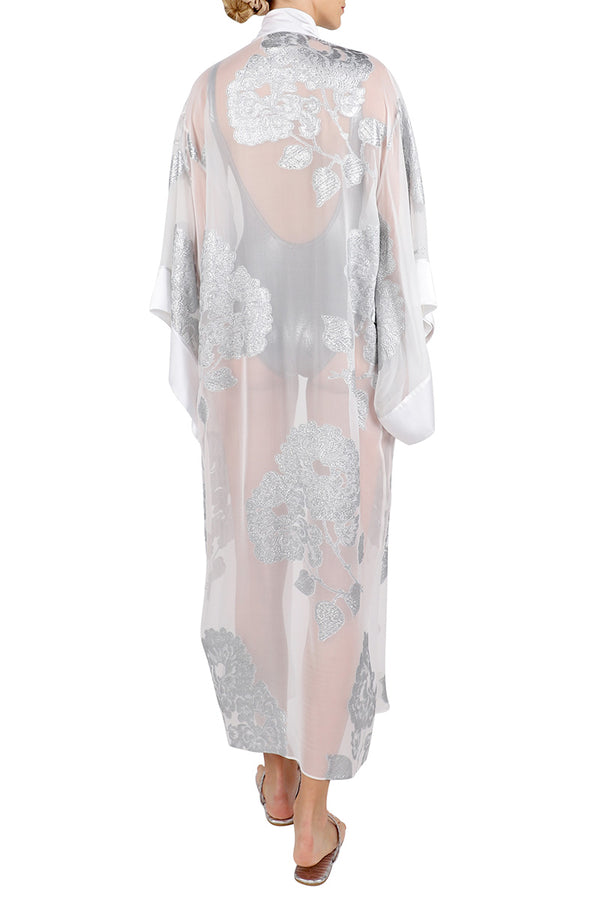 Marie France Van Damme Metallic Oriental Flower Kimono White Silver