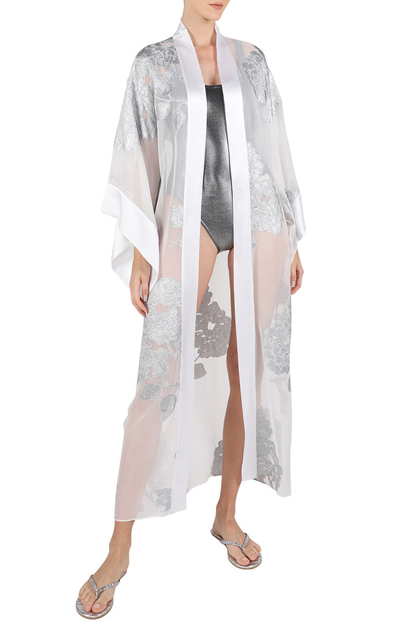 Marie France Van Damme Metallic Oriental Flower Kimono White Silver