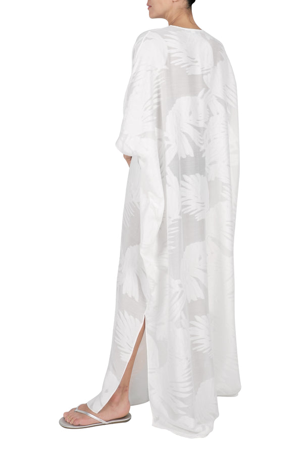 Marie France Van Damme Metallic Palm Bamboo Silk Oversized Boubou Caftan White