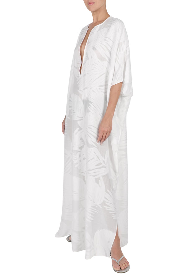 Marie France Van Damme Metallic Palm Bamboo Silk Oversized Boubou Caftan White