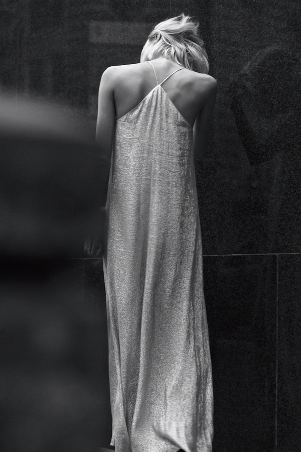 Marie France Van Damme Metallic Racer Back Dress Silver Gold