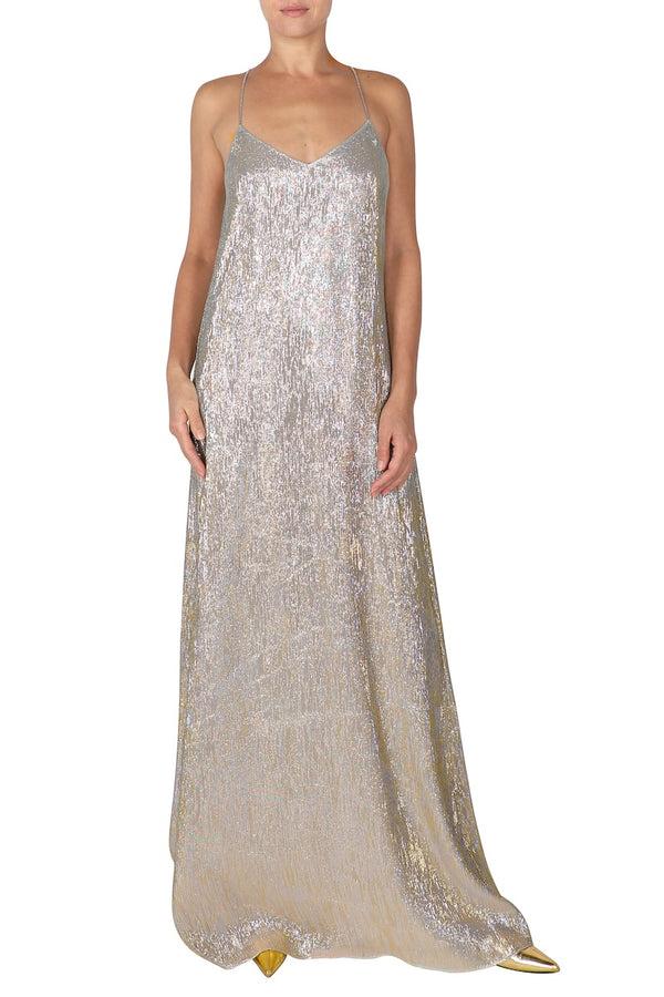 Marie France Van Damme Metallic Racer Back Dress Silver Gold