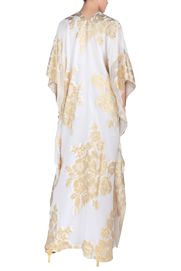 Marie France Van Damme Metallic Rose Bouquet Boubou Caftan White Gold White