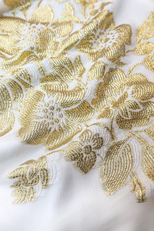 Marie France Van Damme Metallic Rose Bouquet Boubou Caftan White Gold White