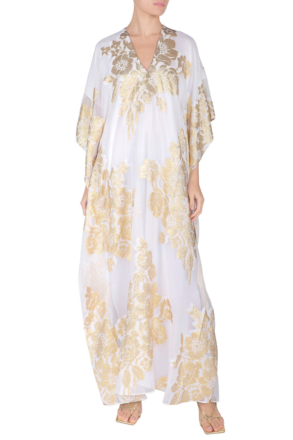 Marie France Van Damme Metallic Rose Bouquet Boubou Caftan White Gold White