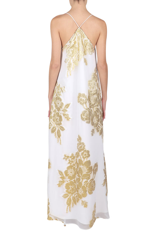 Marie France Van Damme Metallic Rose Bouquet Racer Back Dress White Gold White