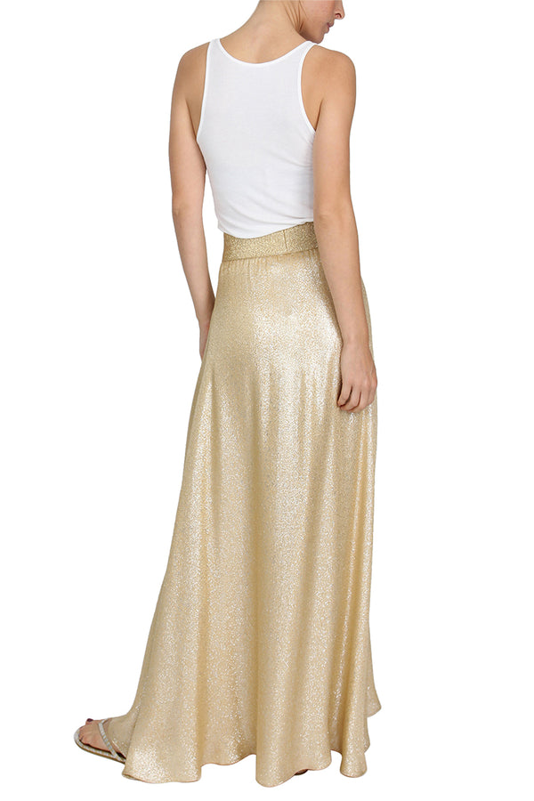 Marie France Van Damme Metallic Silk Blend A Line Skirt Gold
