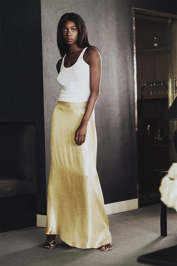 Marie France Van Damme Metallic Silk Blend A Line Skirt Gold