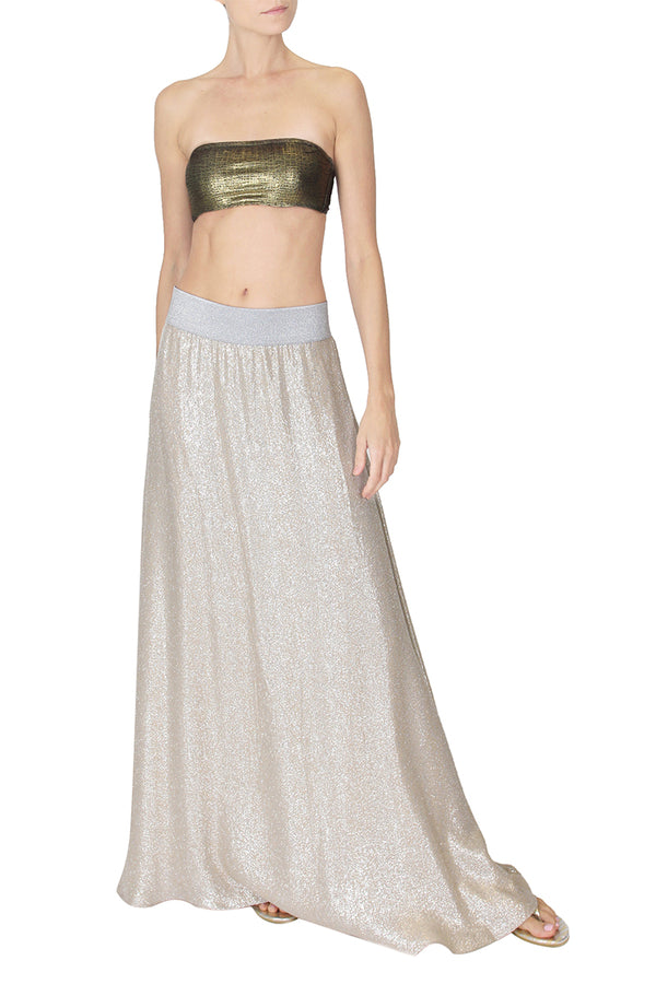 Marie France Van Damme Metallic Silk Blend A Line Skirt Nude