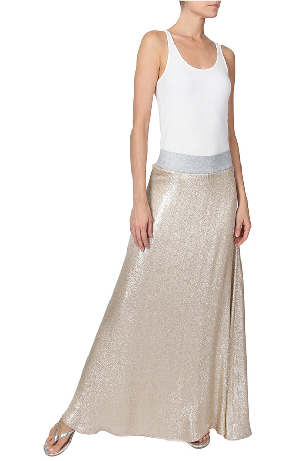 Marie France Van Damme Metallic Silk Blend A Line Skirt Nude