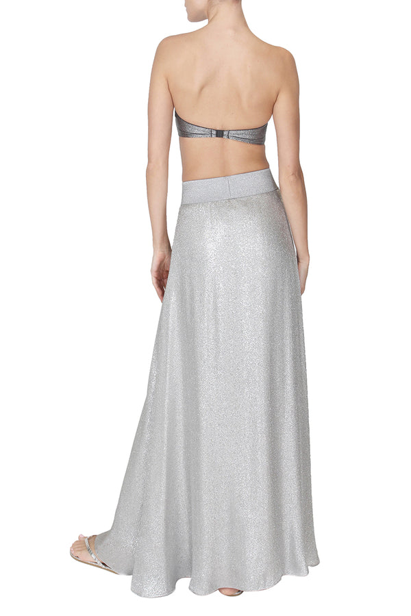 Marie France Van Damme Metallic Silk Blend A Line Skirt Silver