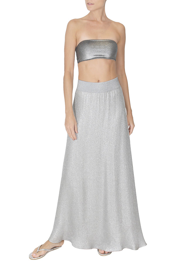 Marie France Van Damme Metallic Silk Blend A Line Skirt Silver