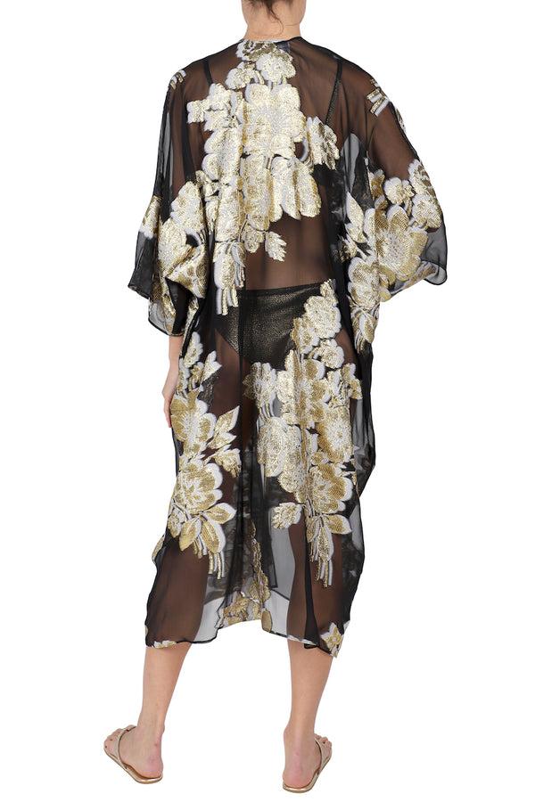 Marie France Van Damme Metallic Silk Flower Babani Cover Up Black Gold White