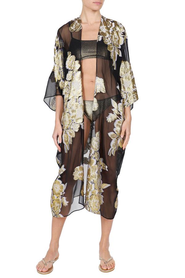 Marie France Van Damme Metallic Silk Flower Babani Cover Up Black Gold White