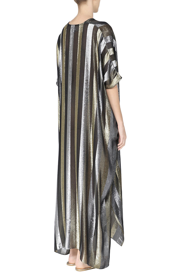 Marie France Van Damme Metallic Stripe Boubou Caftan Black Gold Silver