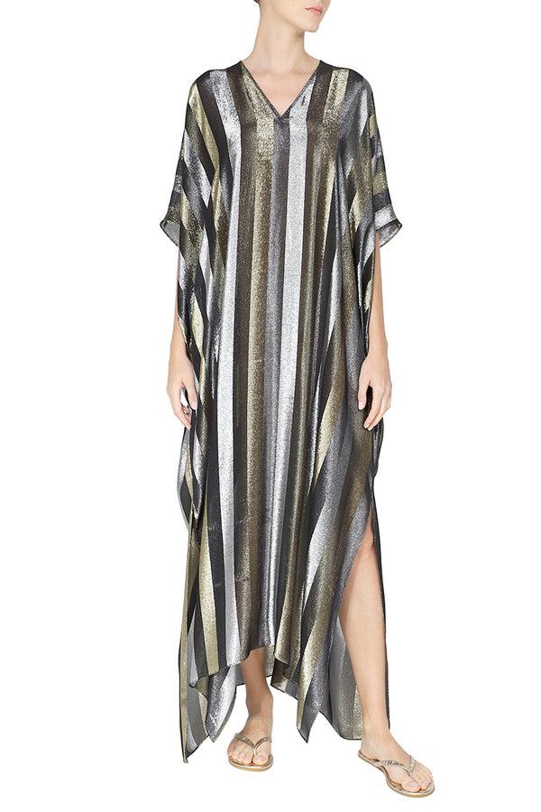 Marie France Van Damme Metallic Stripe Boubou Caftan Black Gold Silver Marie France Van Damme Metallic Stripe Boubou Caftan Black Gold Silver