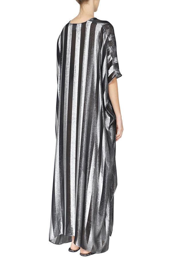 Marie France Van Damme Metallic Stripe Boubou Caftan Black Silver