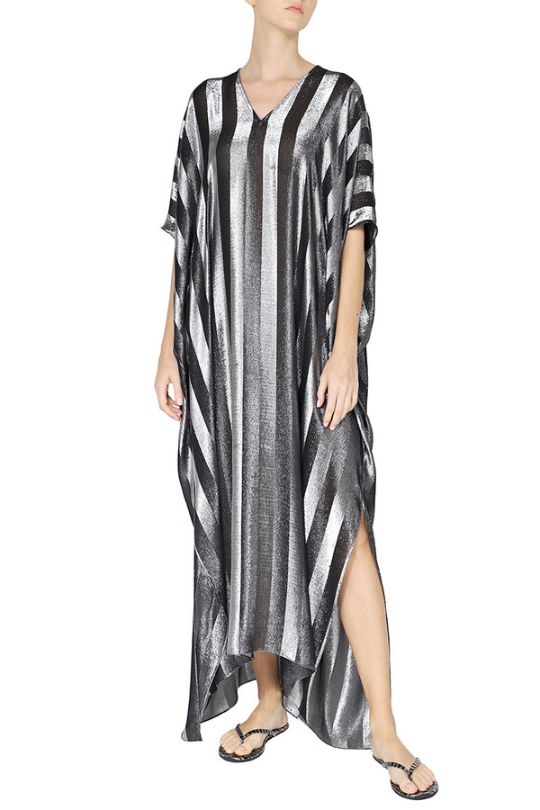 Marie France Van Damme Metallic Stripe Boubou Caftan Black Silver