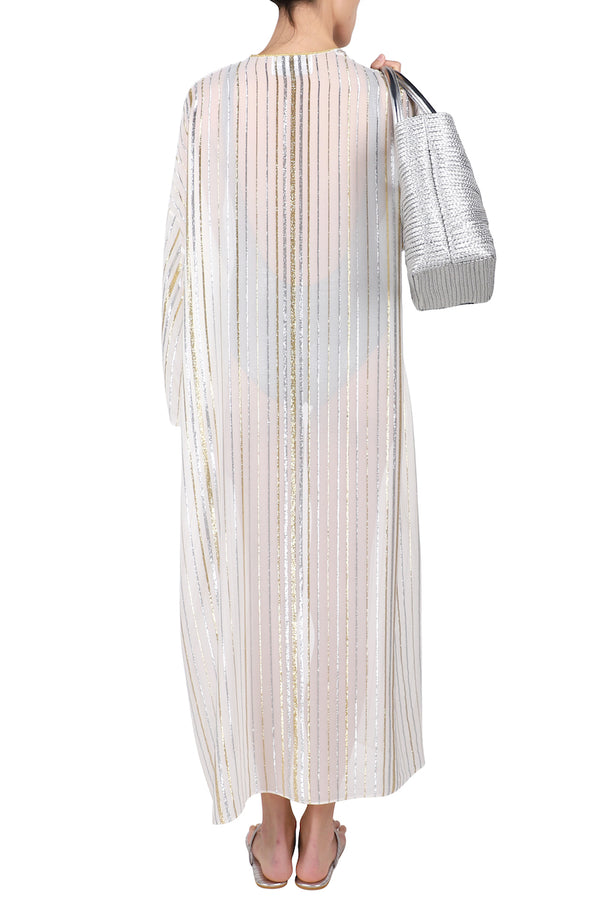 Marie France Van Damme Metallic Stripe Cover Up White Silver Gold