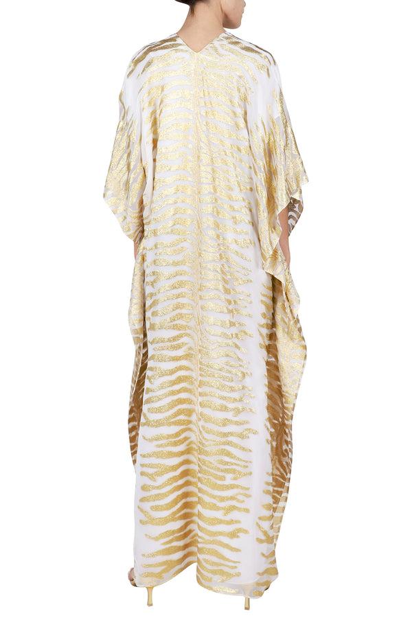 Marie France Van Damme Metallic Tiger Lined Boubou Caftan White Gold